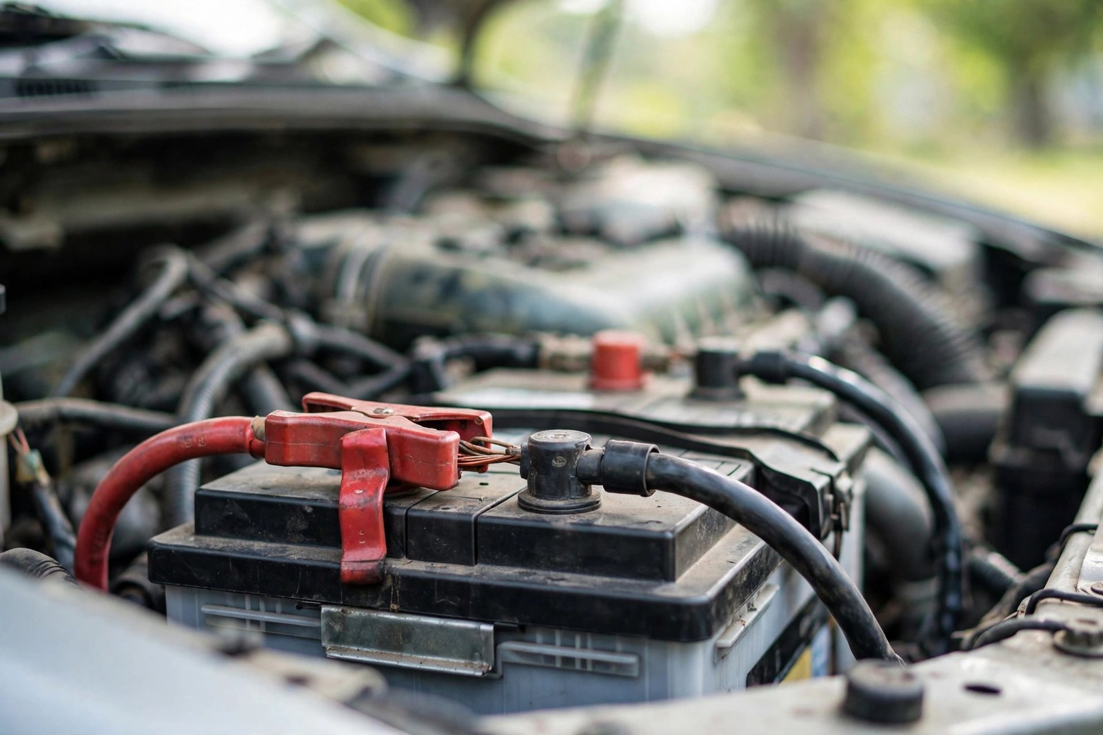 Car engine bay during a no-start diagnosis with clicking sound