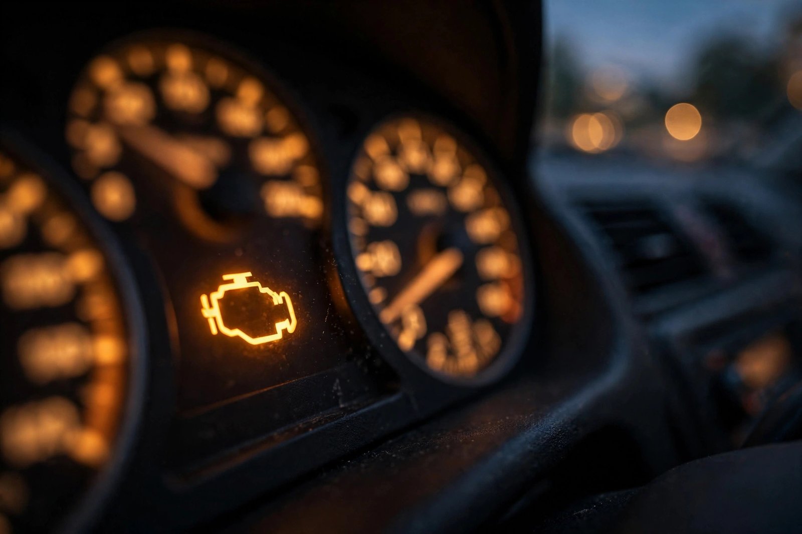 Dashboard close-up with illuminated amber check engine light at dusk