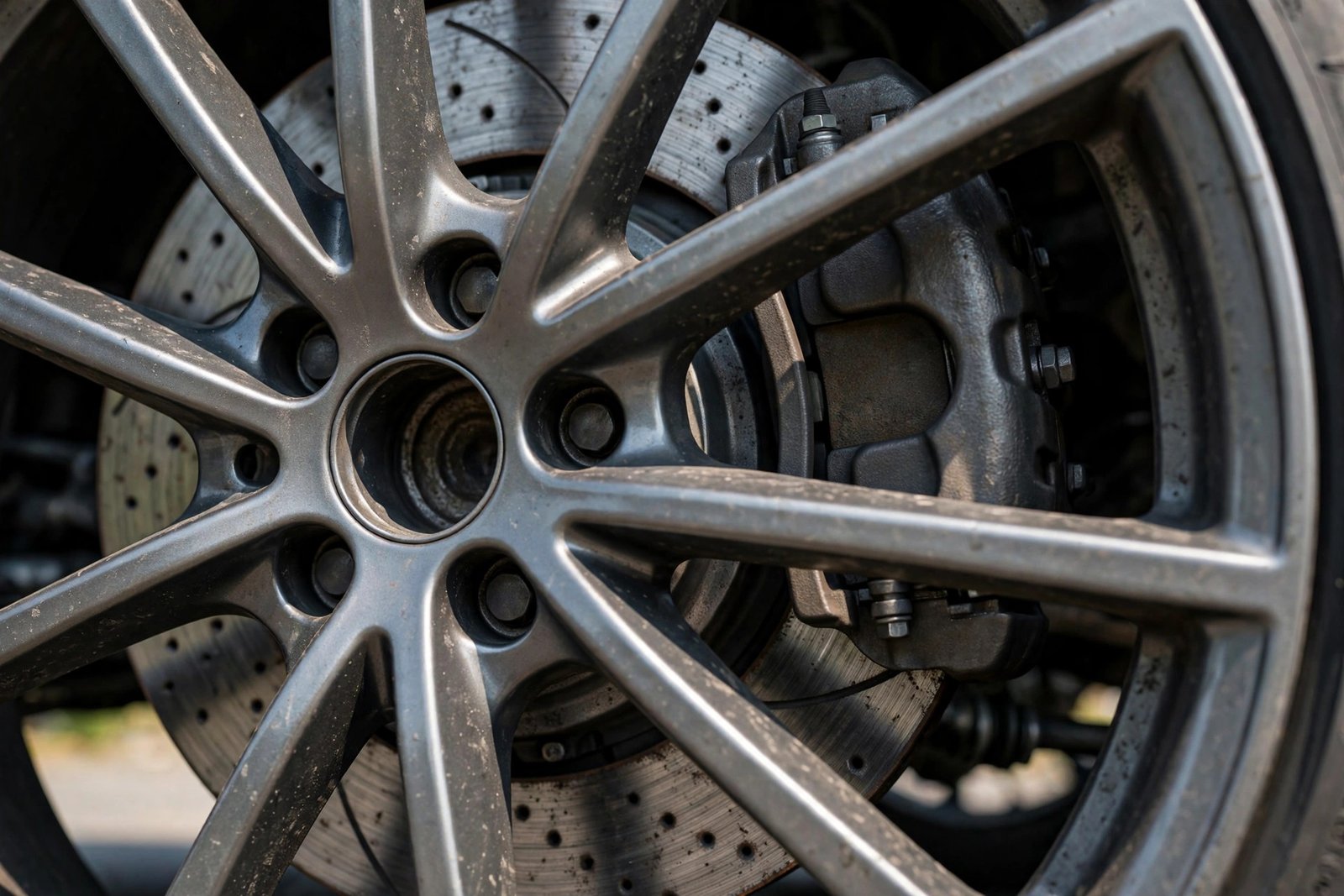 Close-up of car brake disc and caliper with worn brake pads
