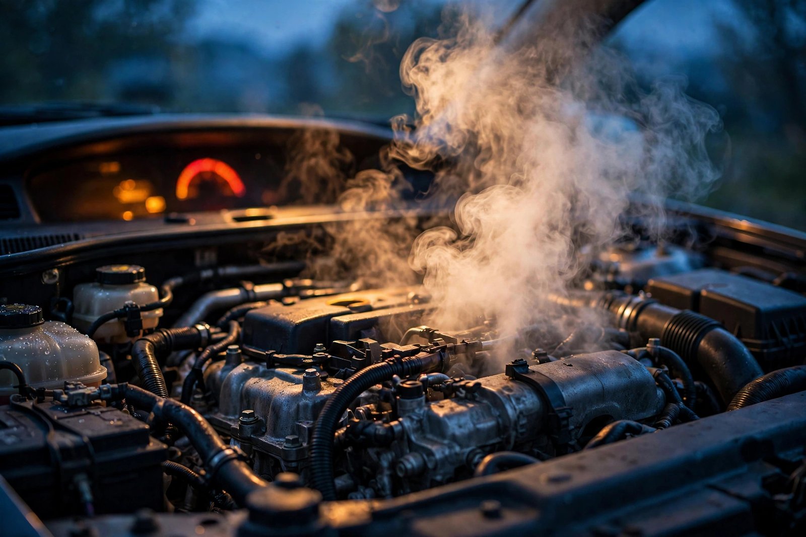 Car with hood open and steam rising from overheating engine