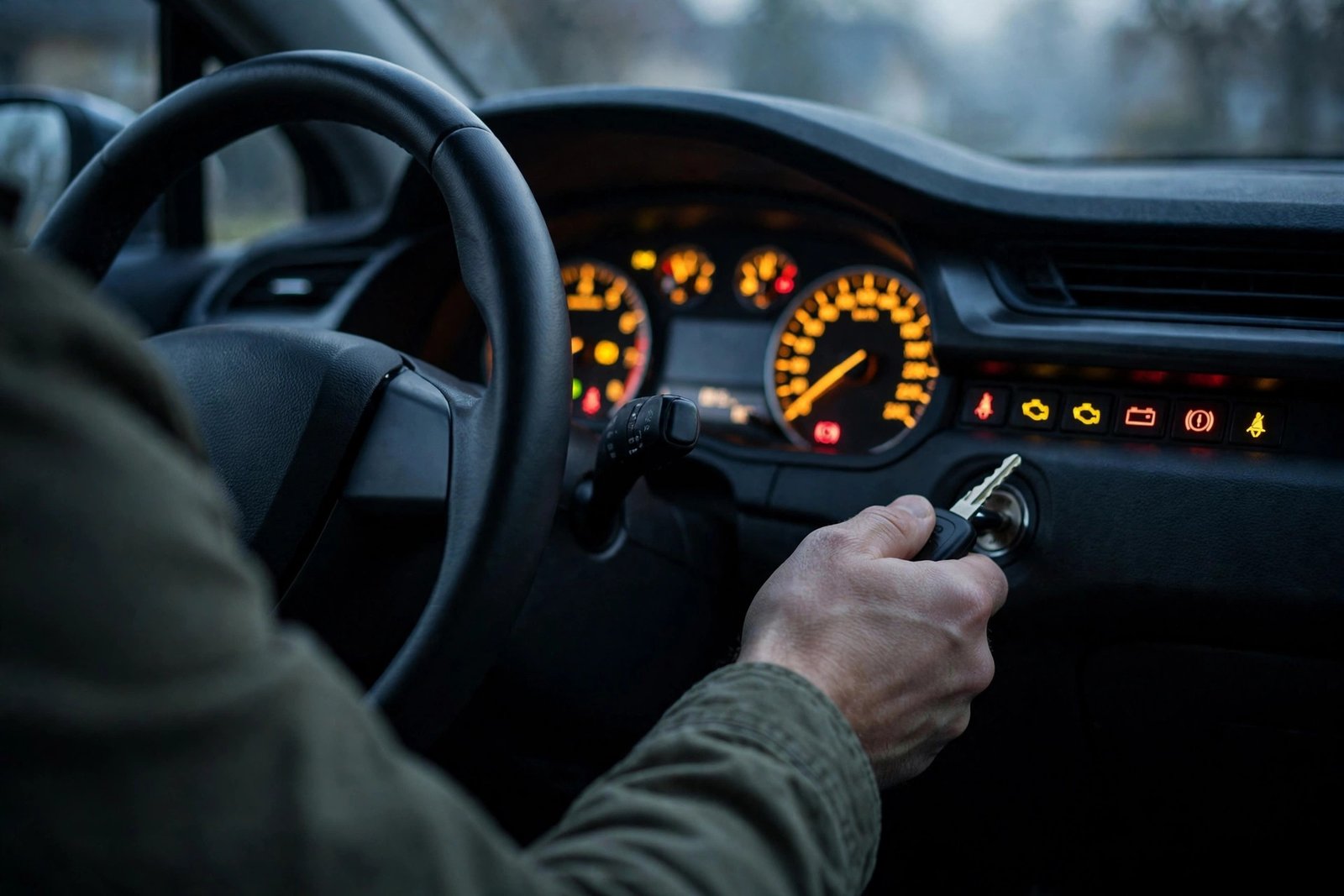 Hand turning key in car ignition with dash lights on