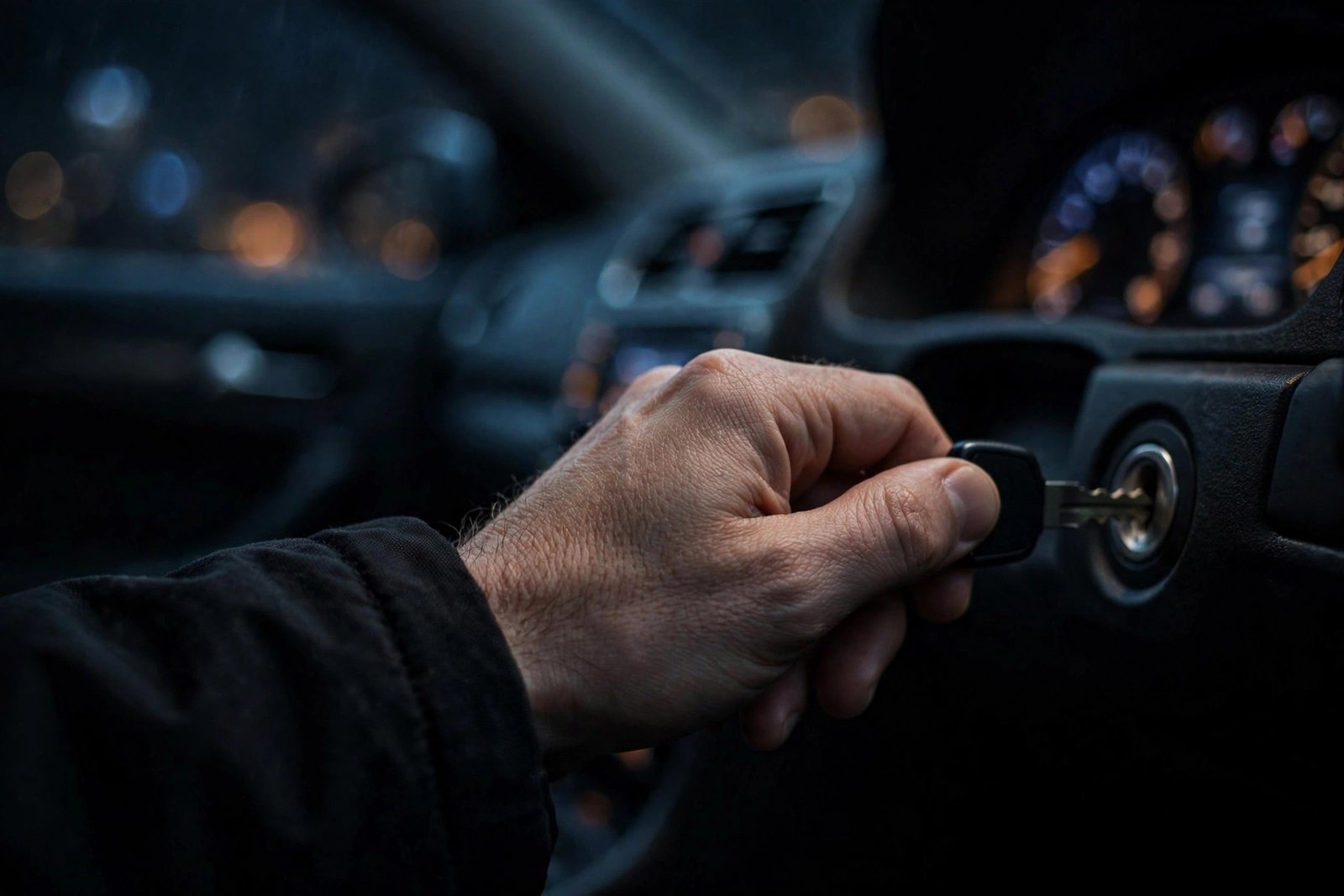 Hand turning an ignition key inside a car while the engine makes a single click and doesn't start