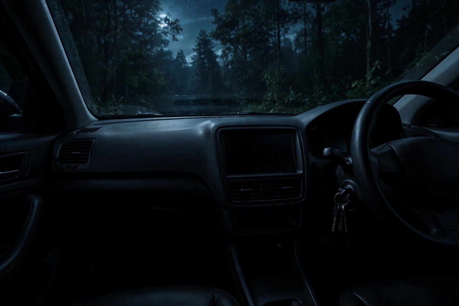 Dark silent car interior at night with a completely dead dashboard and no lights