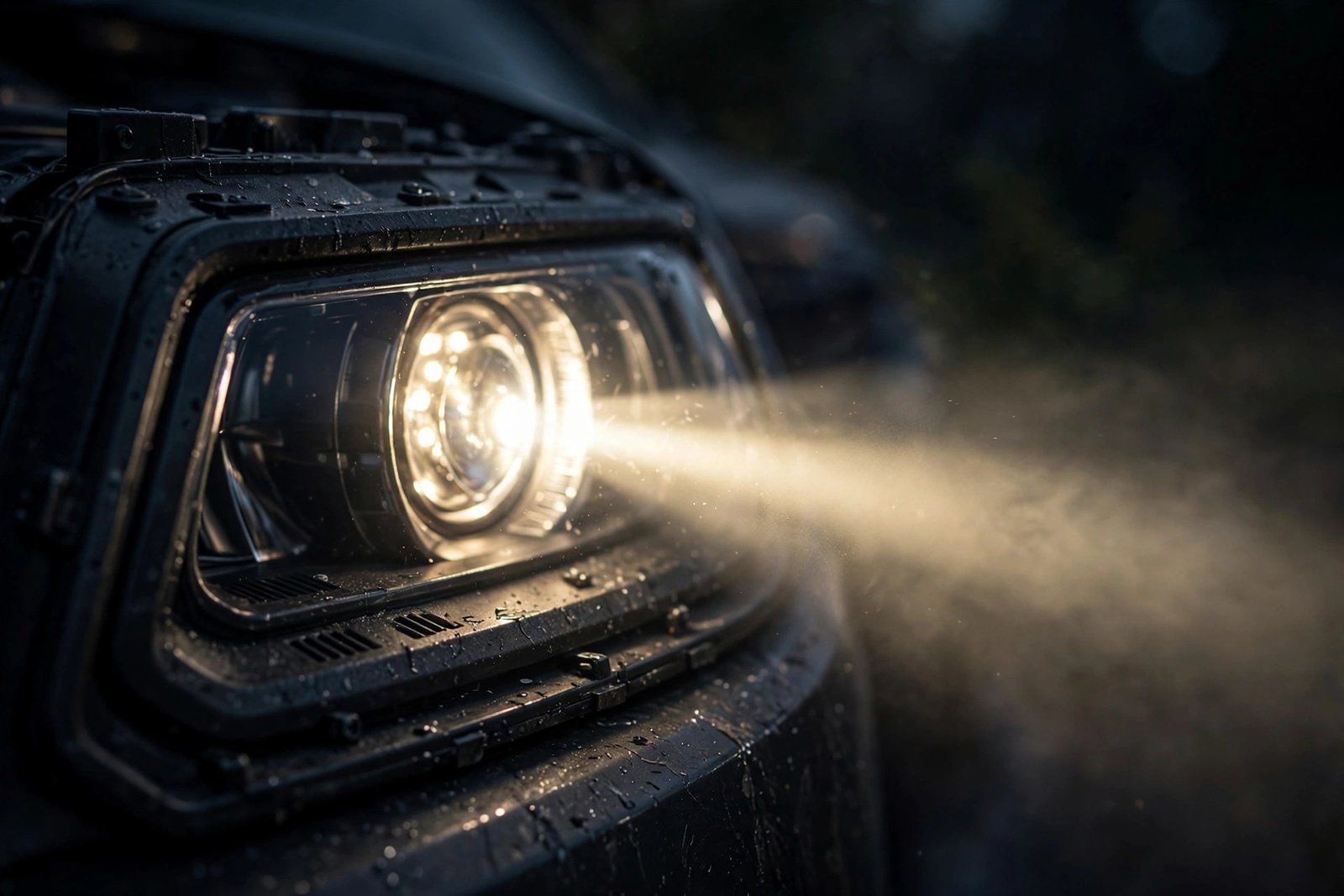 Car headlight assembly with the bulb housing visible at night