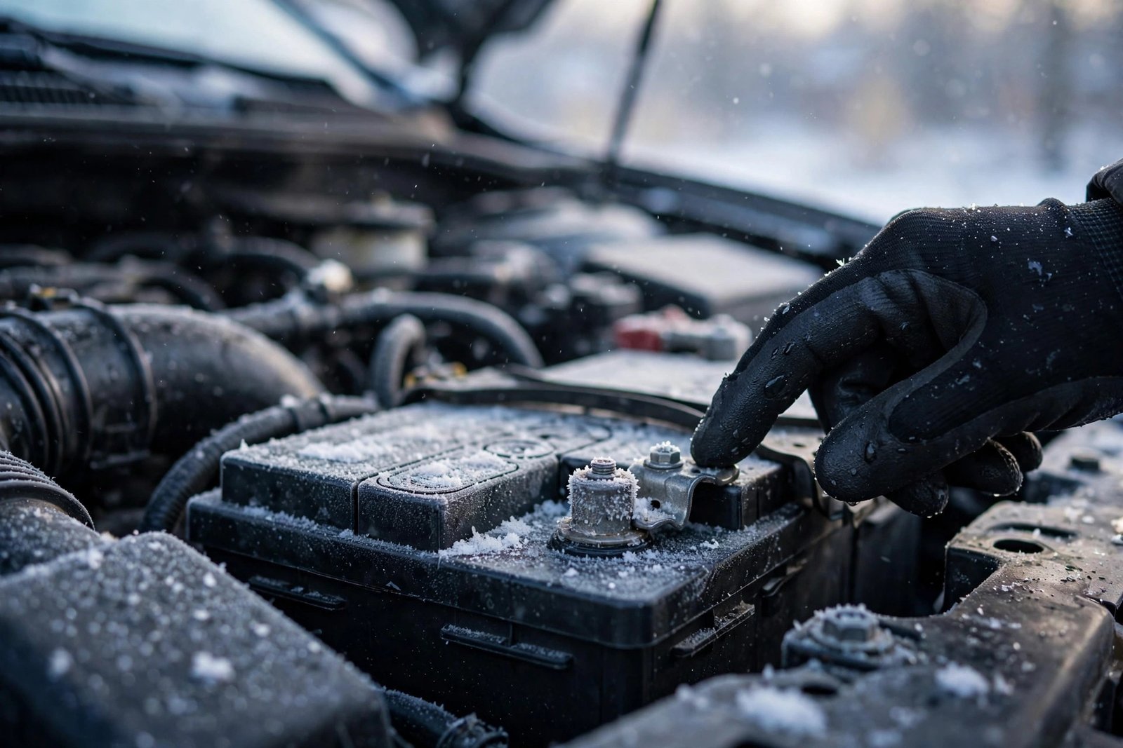 Car battery with snow on the engine bay during winter maintenance check
