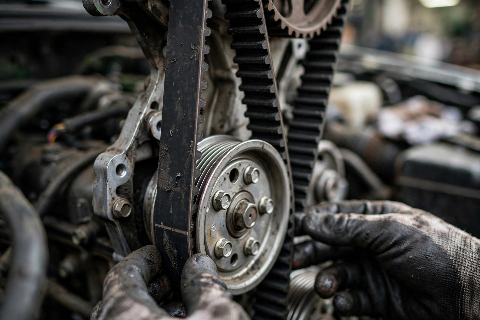 Close-up of a car engine timing belt and pulleys
