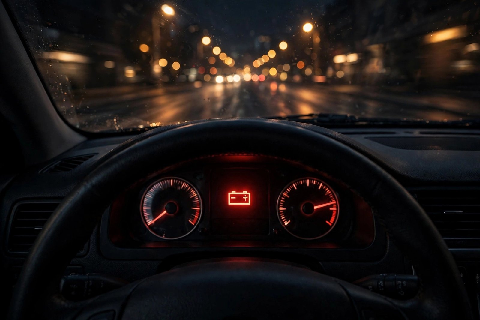 Red battery warning light glowing on a dark car dashboard while driving at night