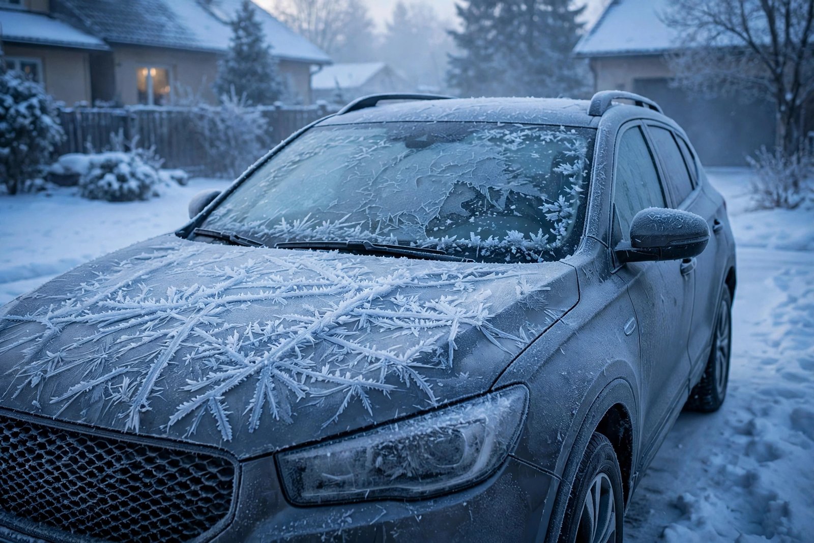 Frost-covered car in a snowy driveway on a freezing winter morning that won't start