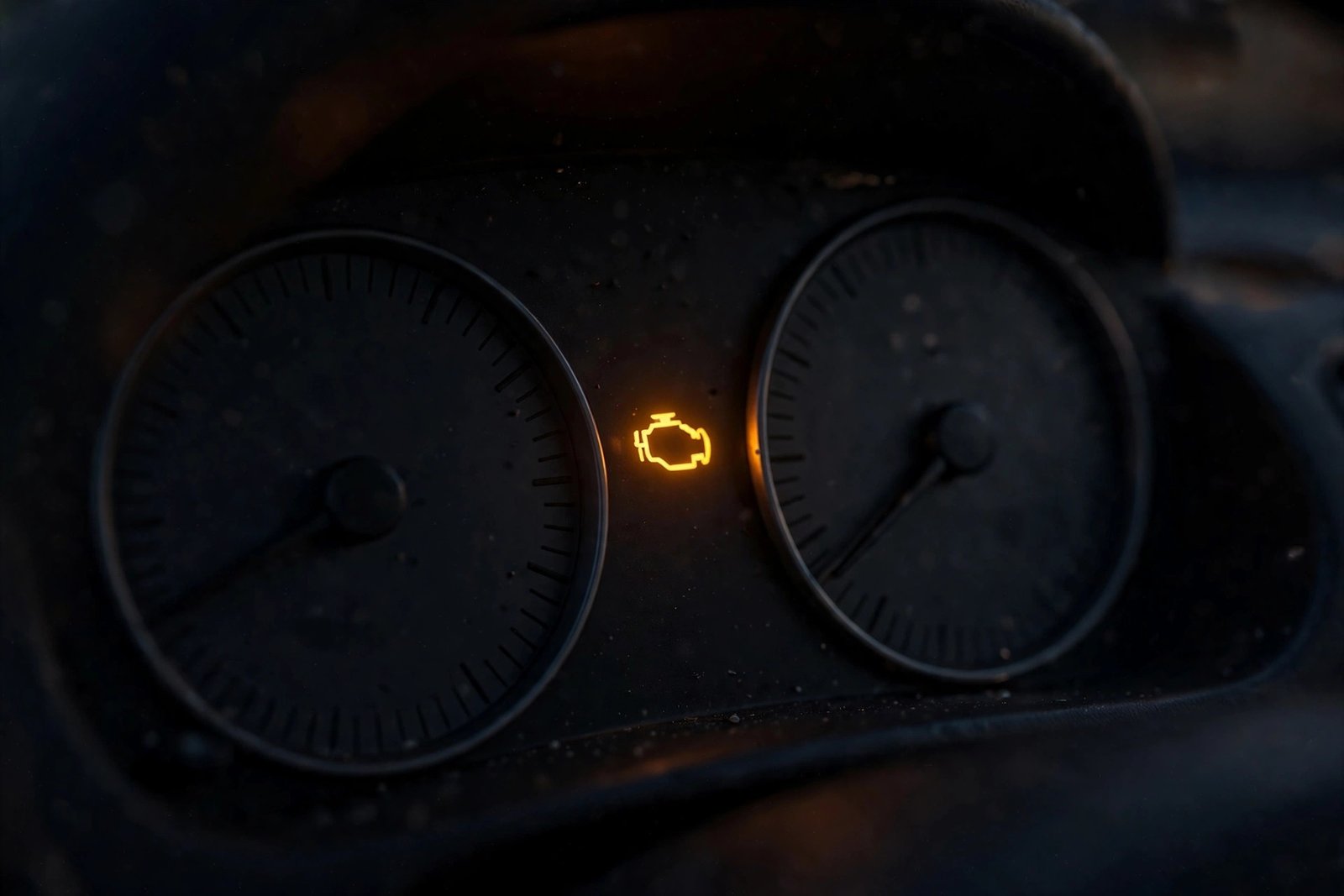Car dashboard showing an amber check engine light glowing at night