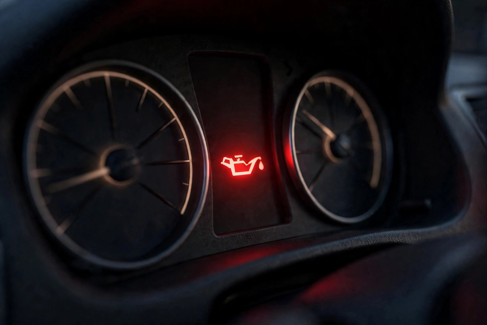 Red oil pressure warning light glowing on a dark car dashboard