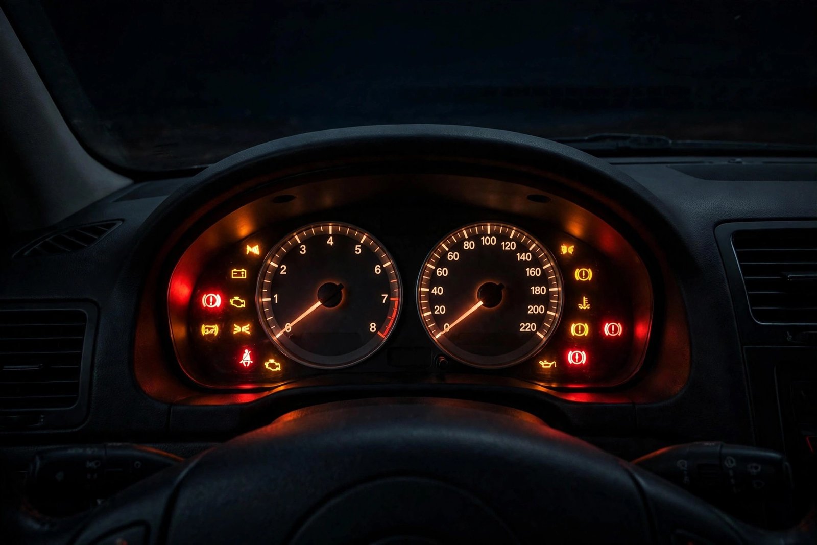 Car dashboard instrument cluster with warning lights illuminated