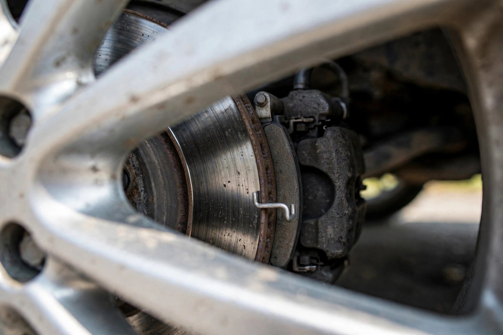 Car brake disc and caliper seen through a wheel, with brake pad wear under close inspection