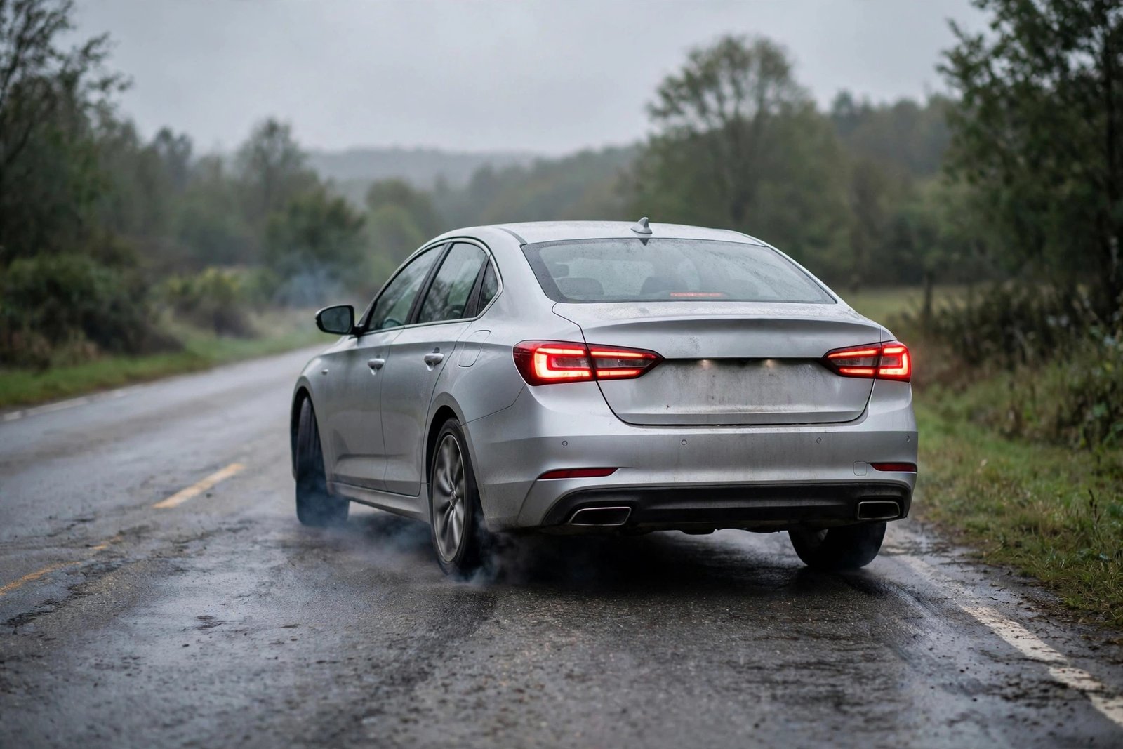 Car braking on an asphalt road viewed from behind, steering wheel pulling to one side