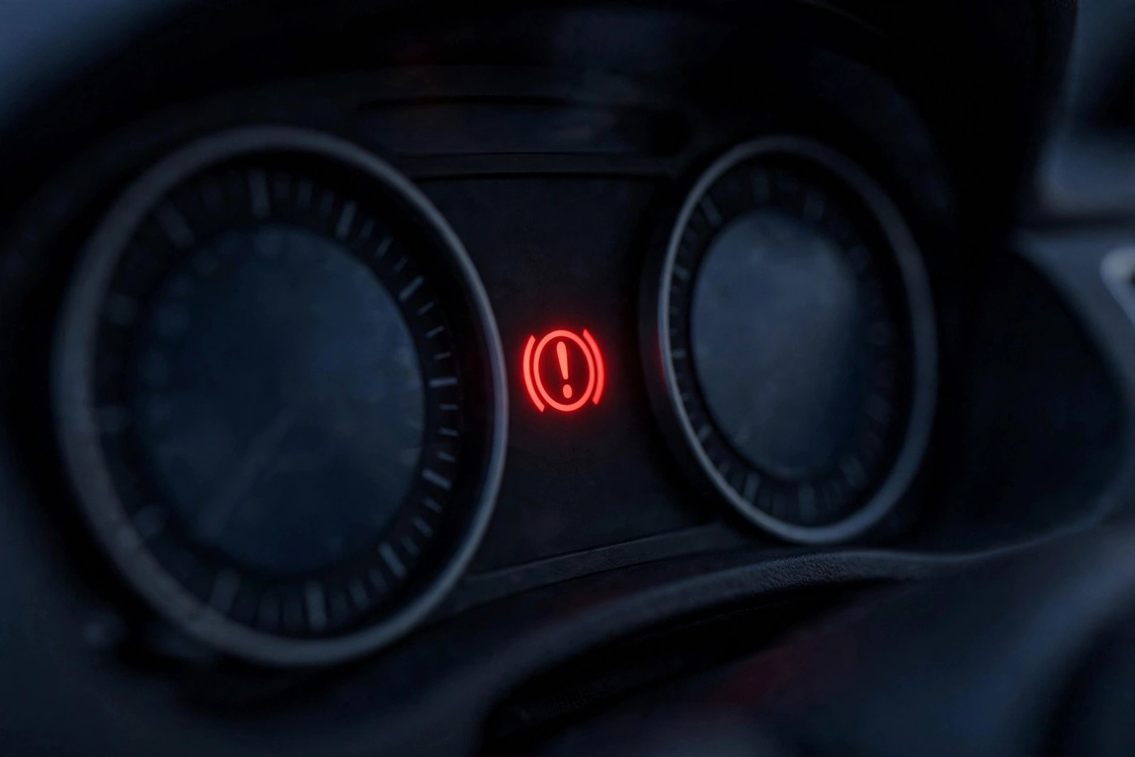 Car dashboard close-up with a red brake warning light illuminated