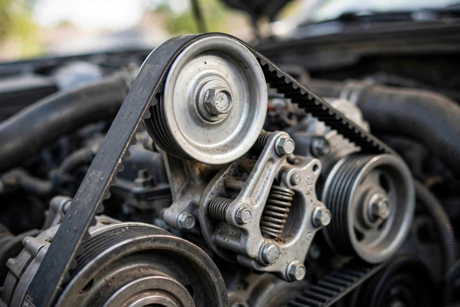 Close-up of a car's serpentine drive belt and pulleys inside the engine bay