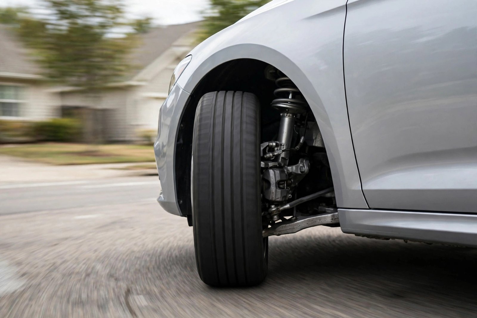 Silver sedan making a sharp turn at a suburban intersection, front wheel in focus