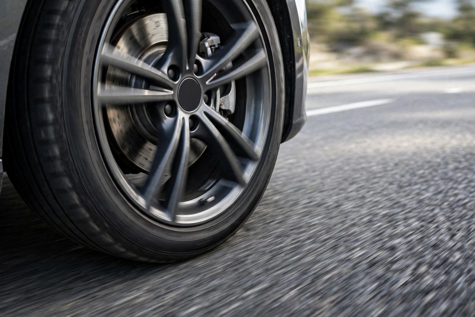 Close-up of a car wheel and tire on a highway with motion-blurred asphalt