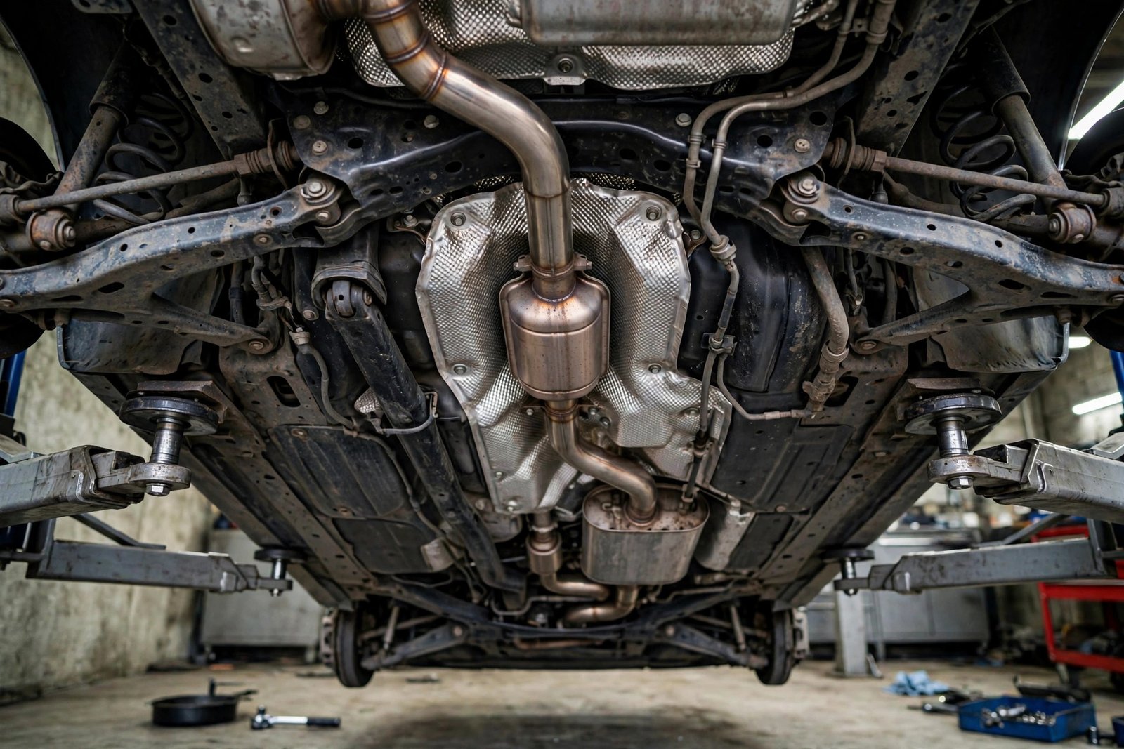 Underside of a car on a garage lift showing exhaust system, catalytic converter and heat shields