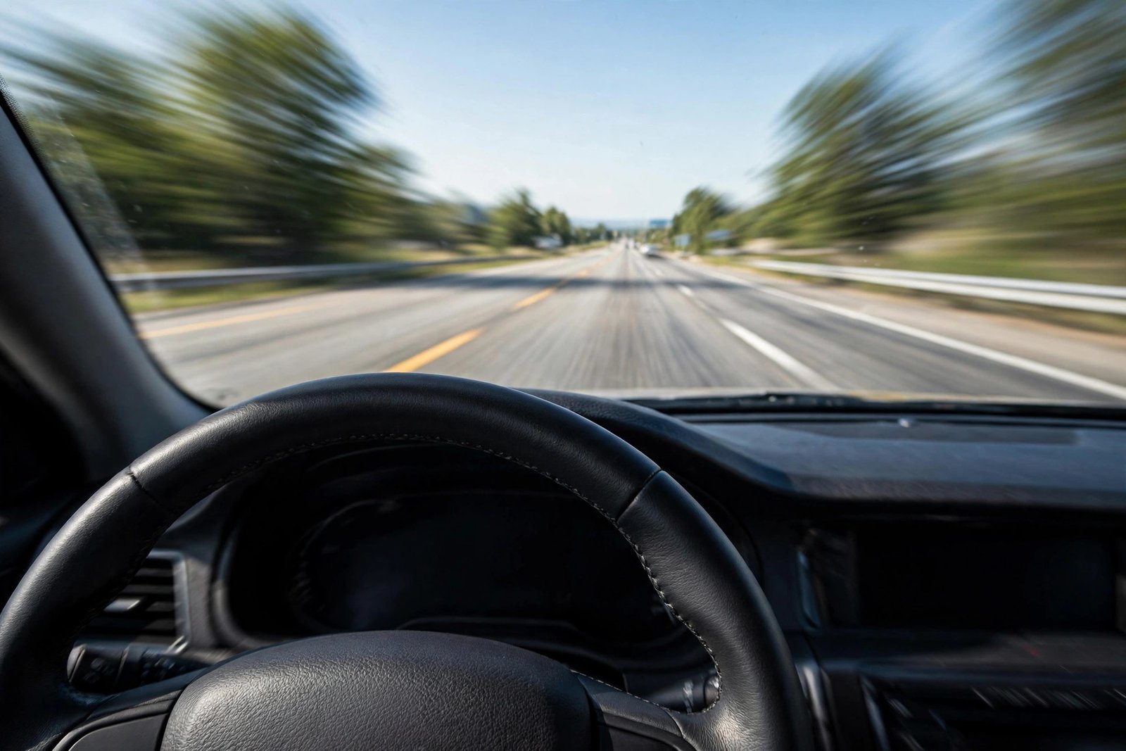 Driver's view of a steering wheel on a highway at speed with blurred road ahead