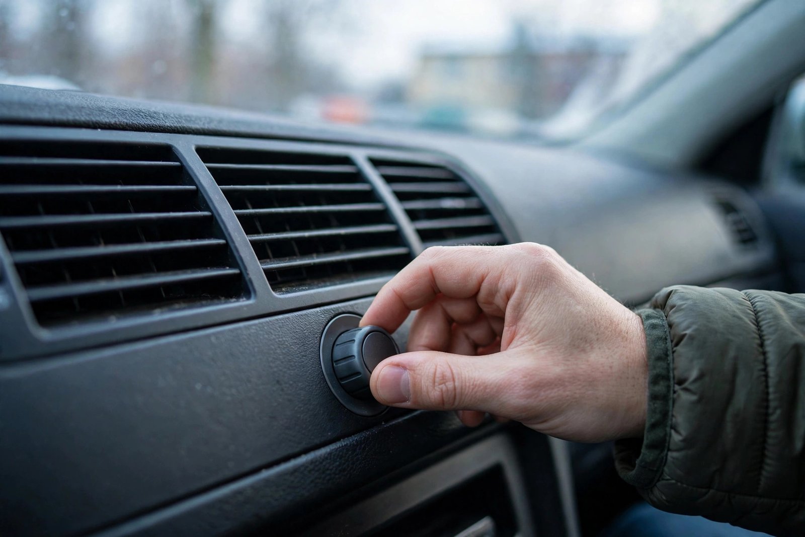 Car dashboard heater vents with a driver checking the temperature controls