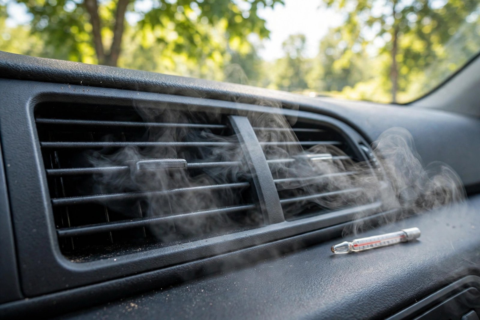 Close-up of a car AC vent with weak airflow and a thermometer nearby