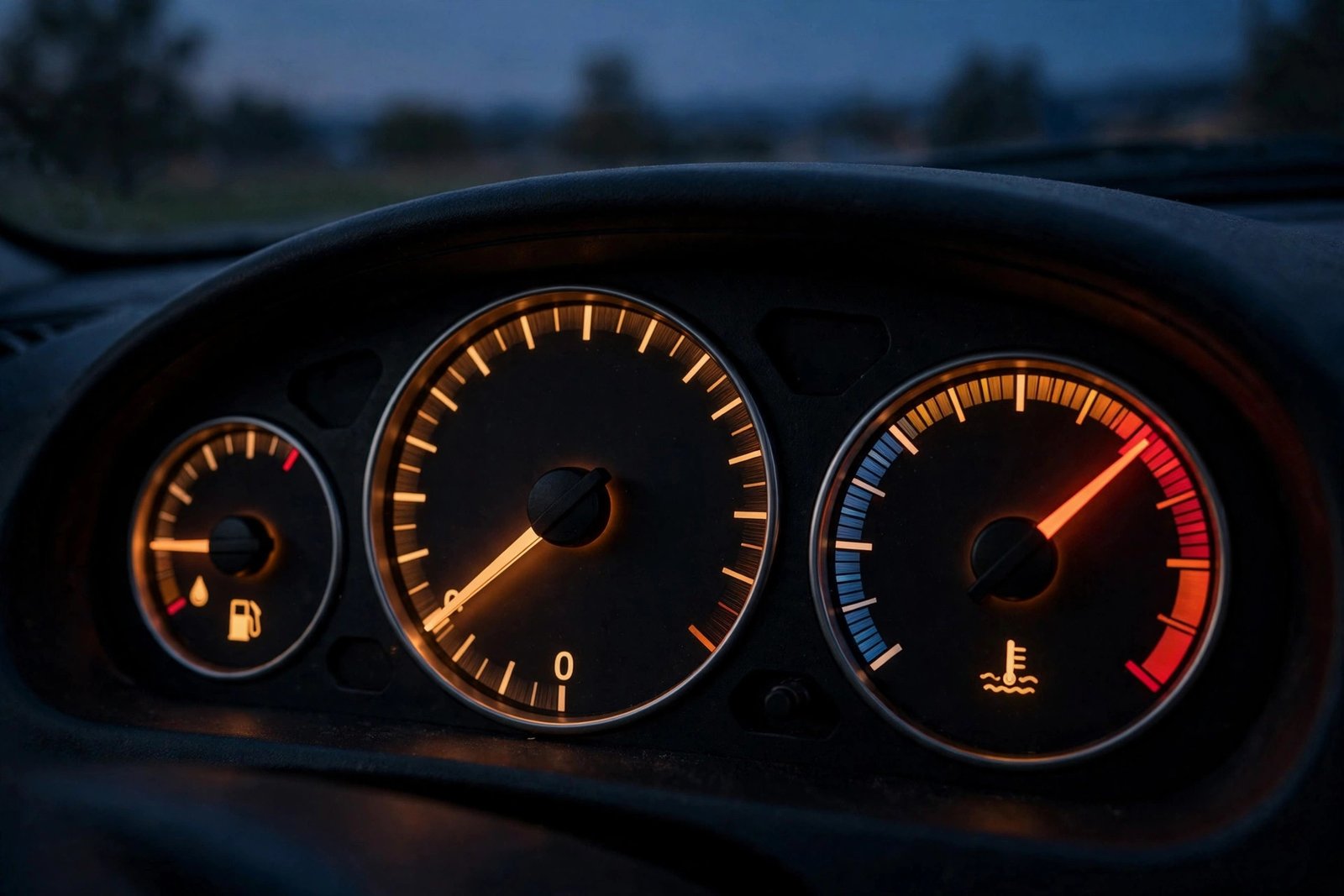 Car dashboard temperature gauge needle near the red zone on an instrument cluster