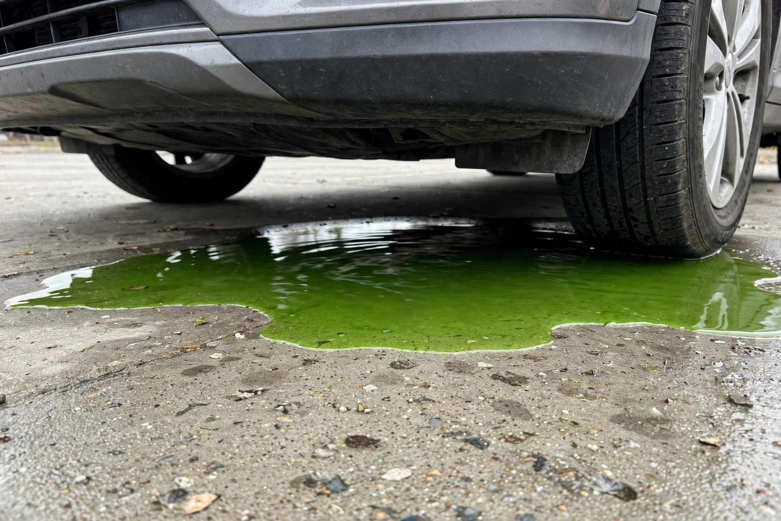 Green coolant puddle under the front of a car on a driveway
