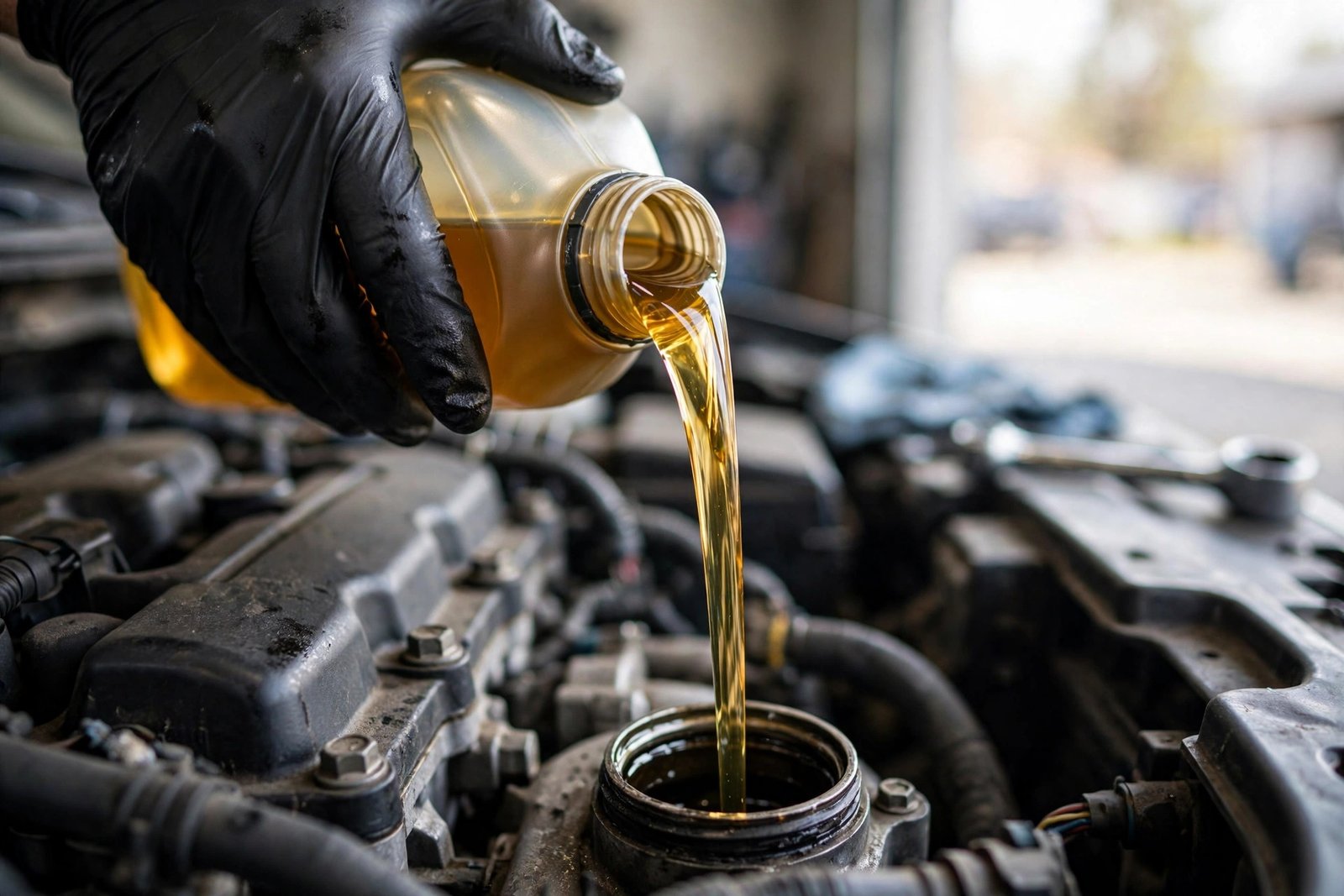 Car engine bay with the oil filler cap visible during routine maintenance
