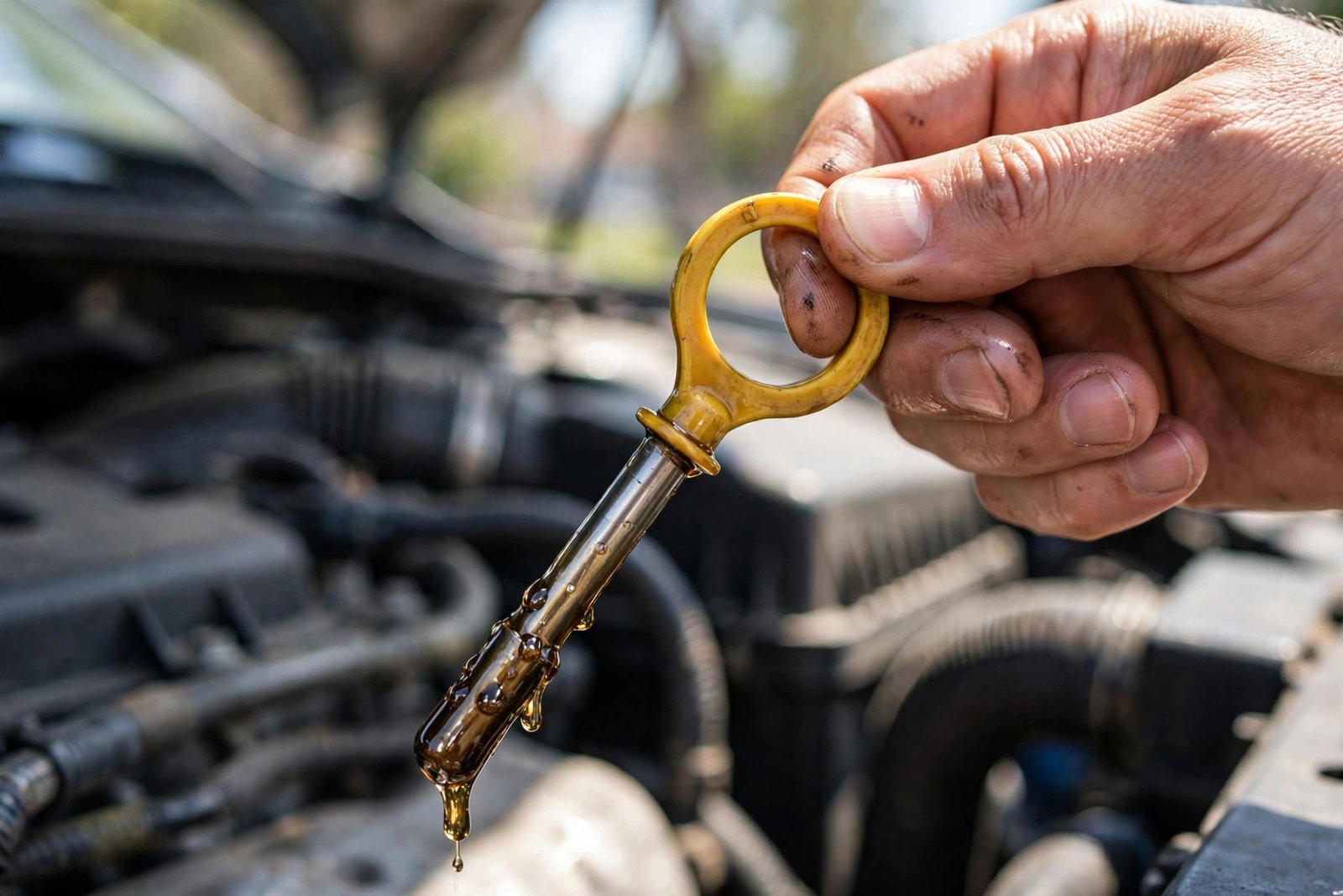 Hand pulling the engine oil dipstick out of a car engine bay