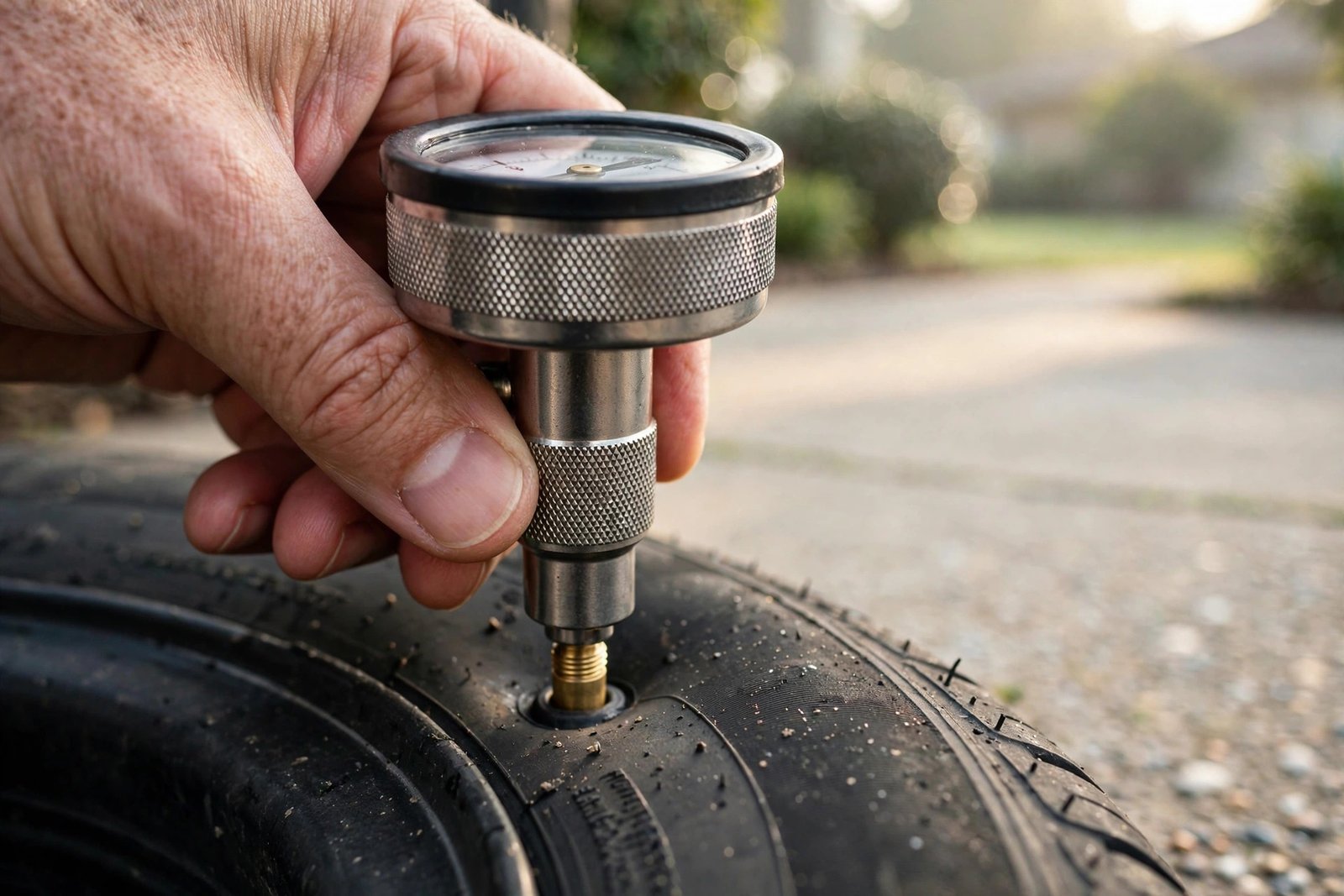 Tire pressure gauge pressed onto a car tire valve stem in a driveway