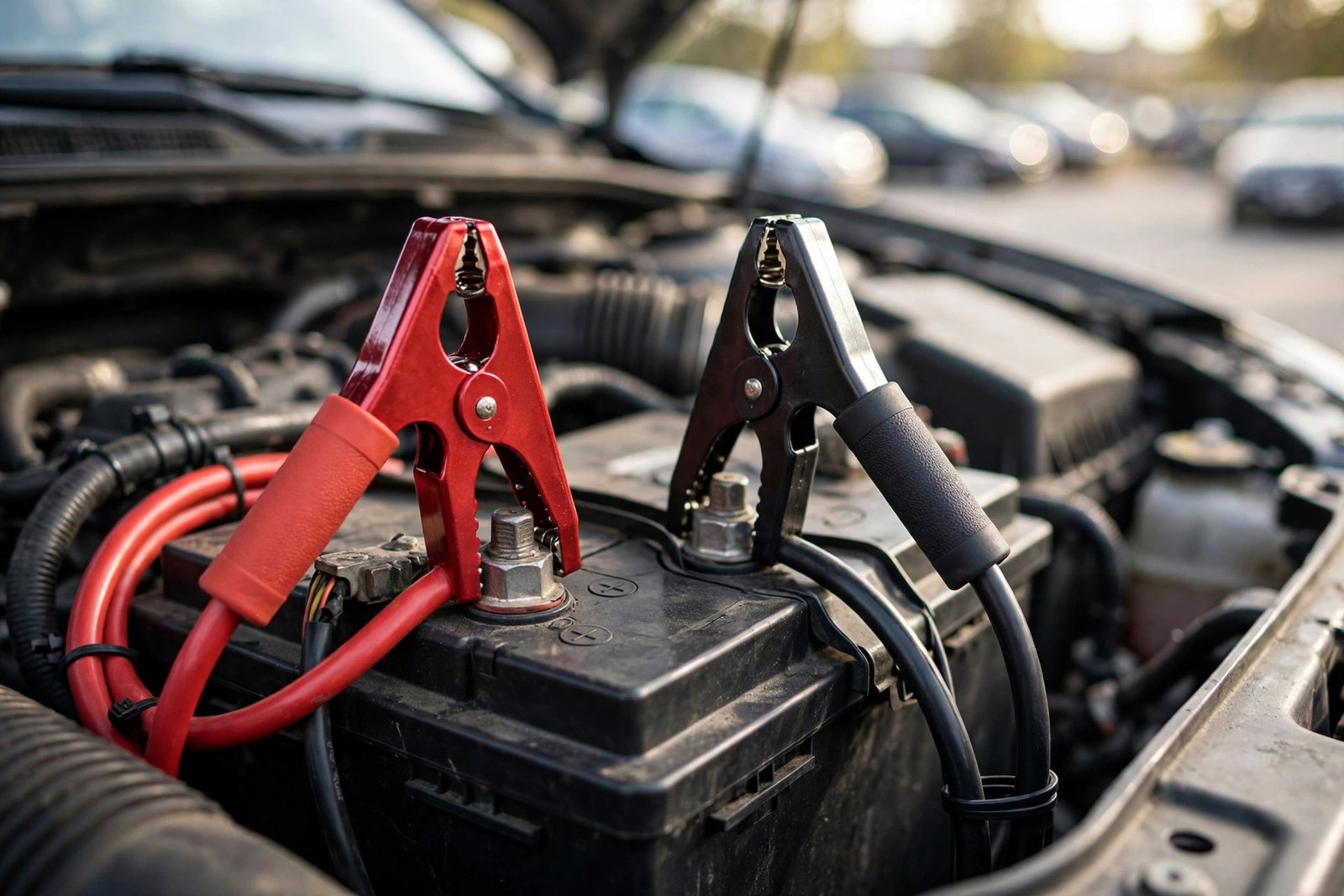 Jumper cables connected to a car battery in an engine bay