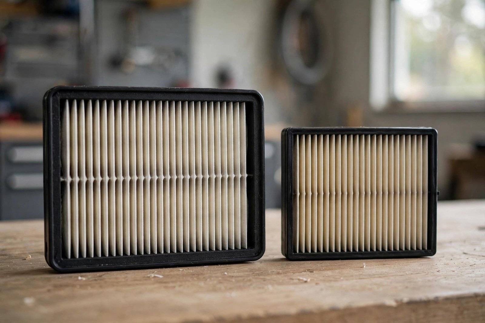 Two car air filters side by side, one engine filter and one cabin filter