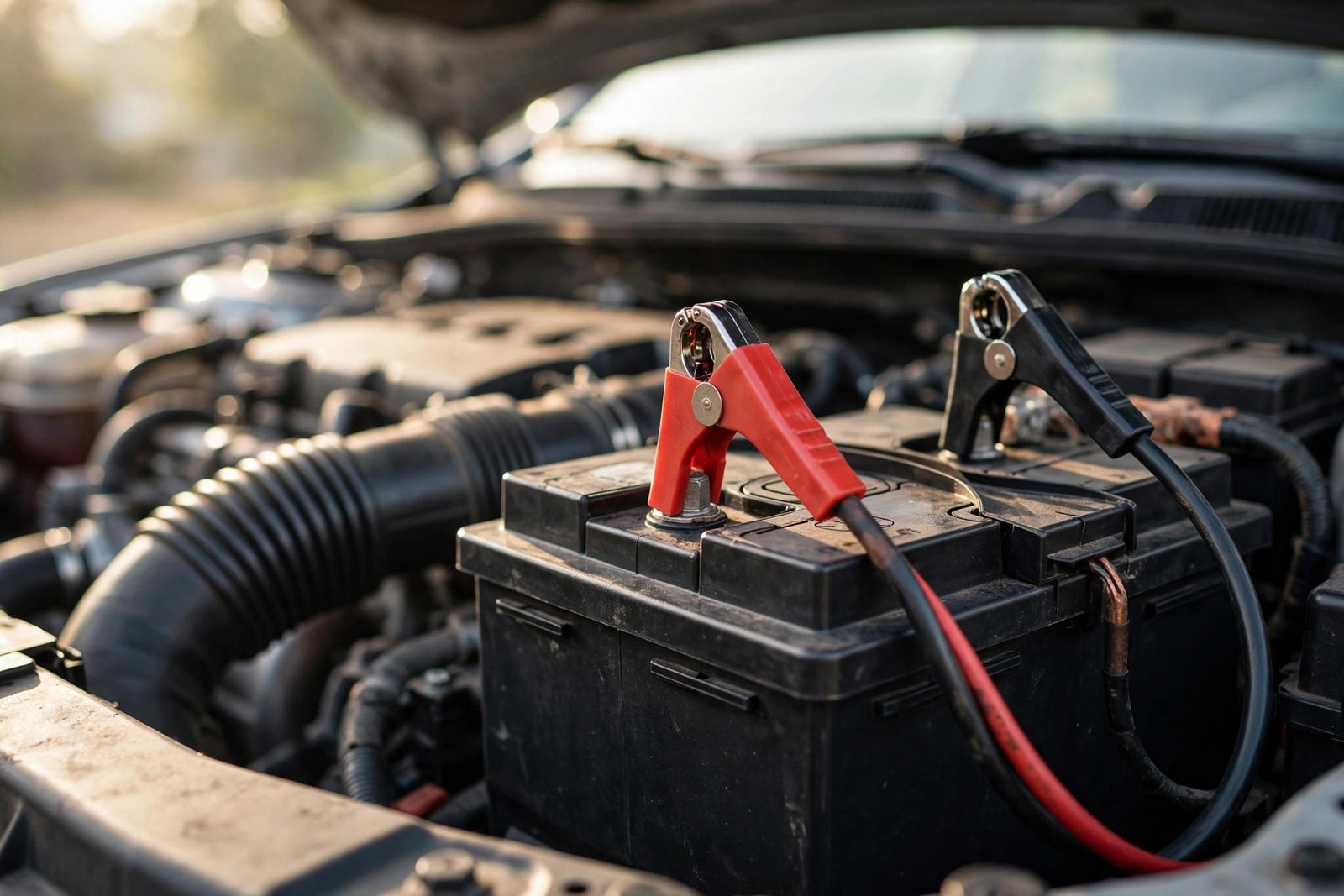 Car with open hood showing the battery and engine bay during a slow-cranking diagnosis