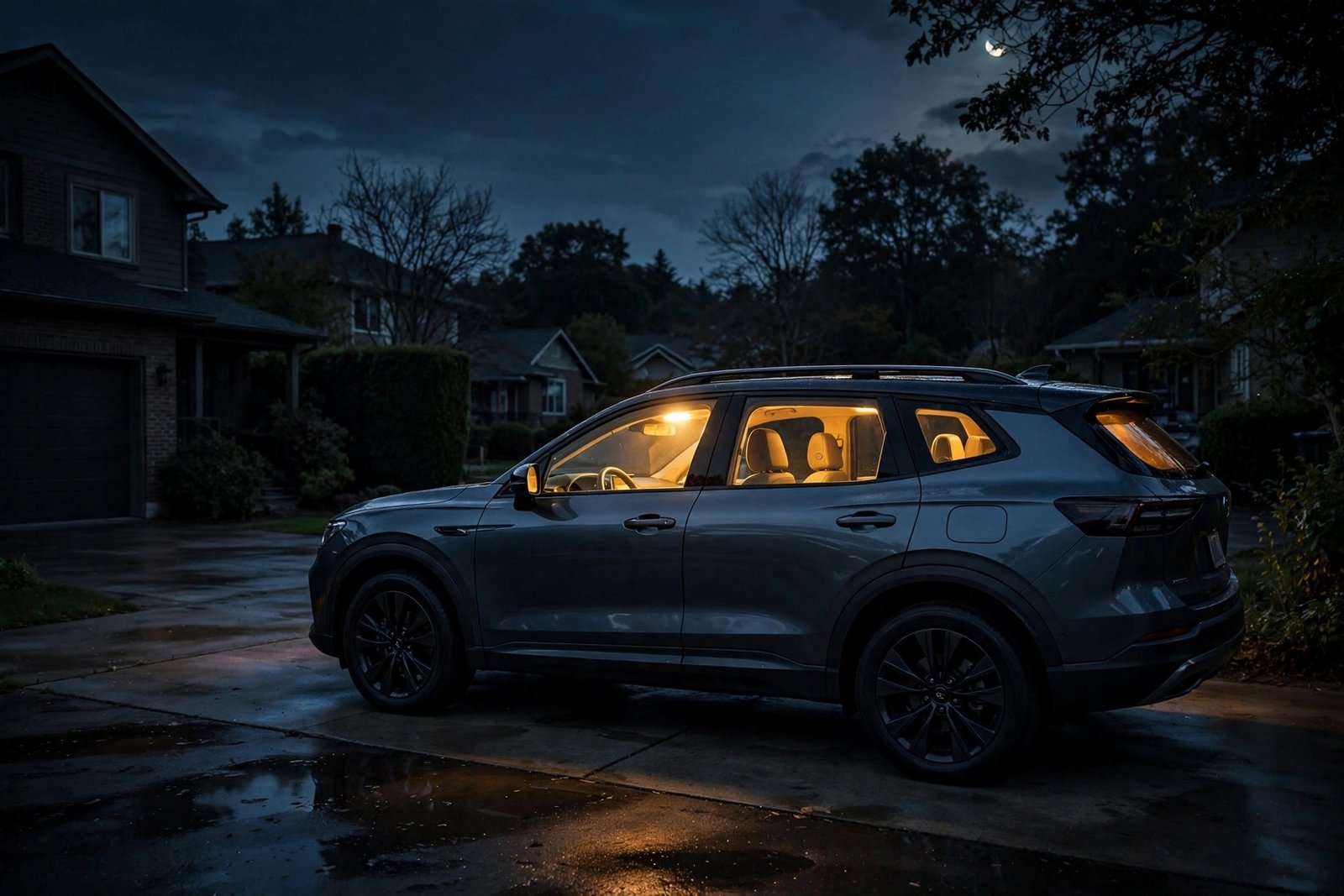 Car parked in a dark driveway at night with its interior dome light left on, draining the battery
