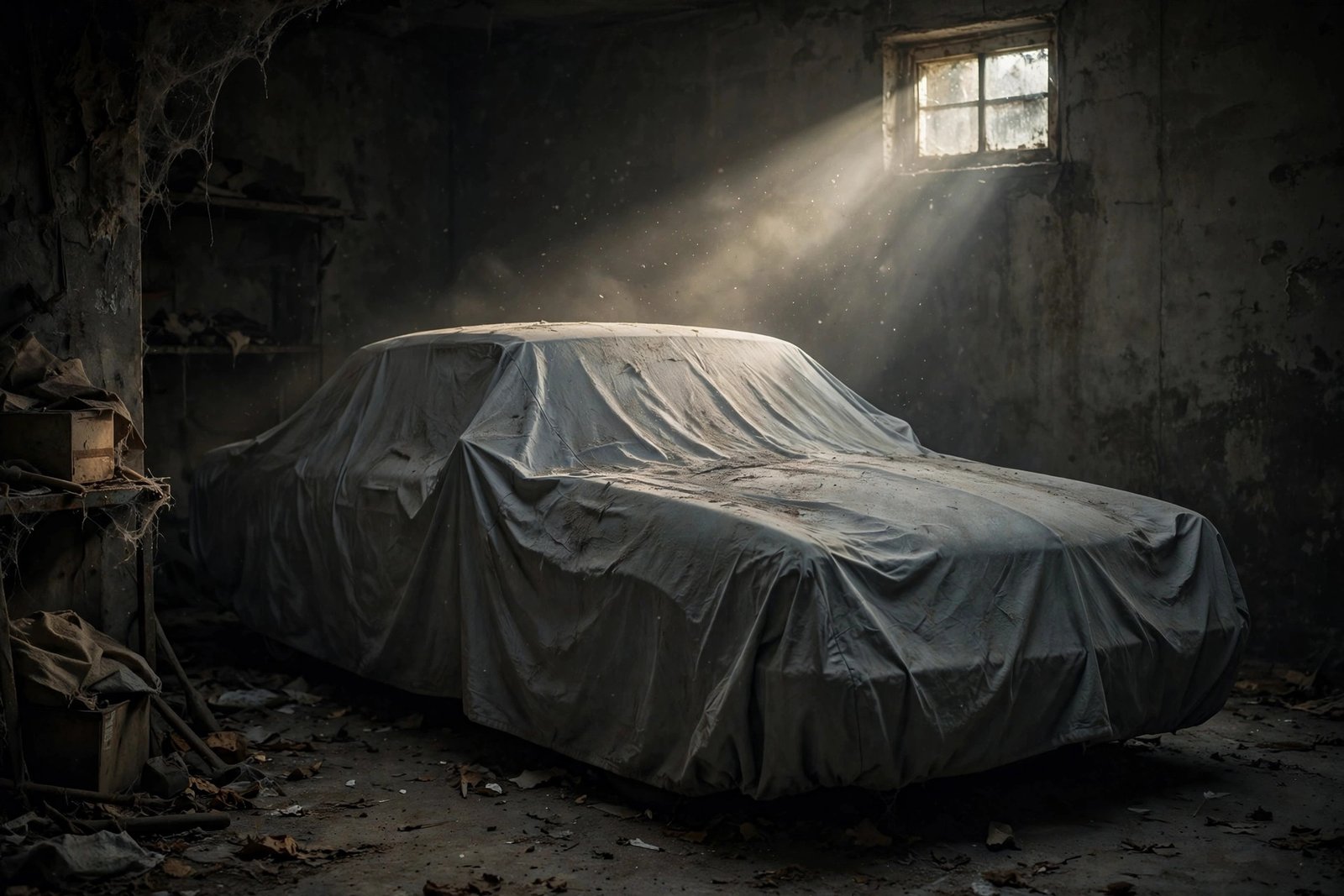 Dusty car covered with a car cover sitting unused in a dim garage for weeks