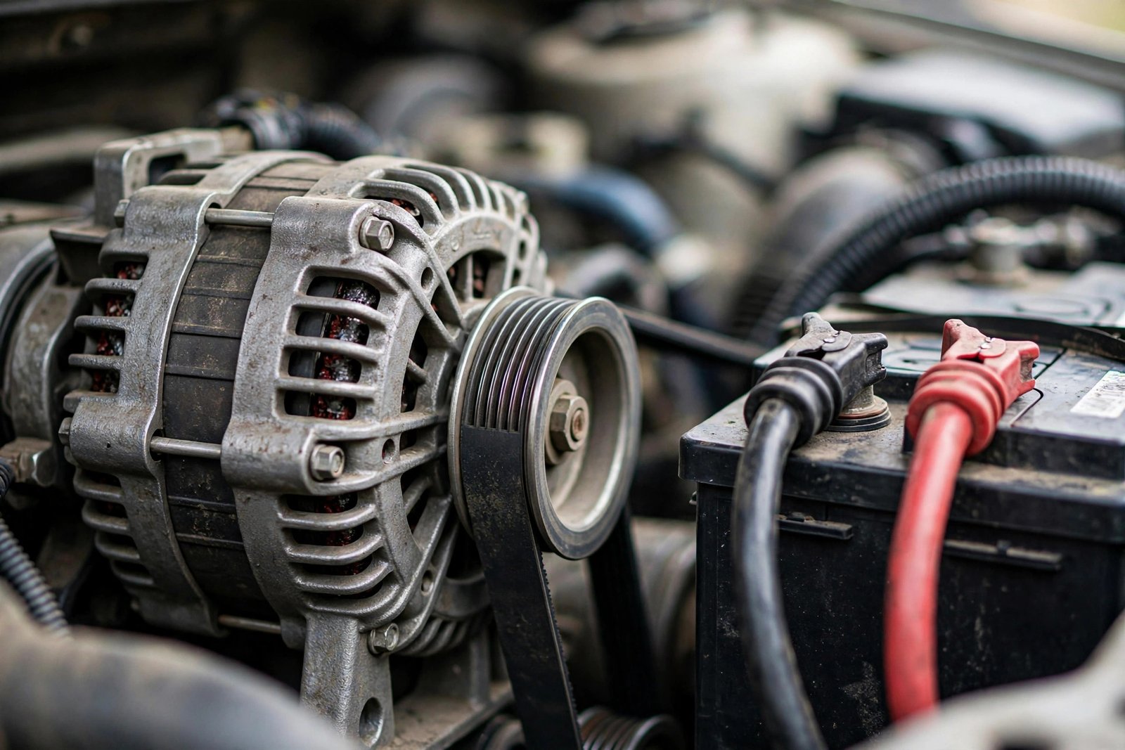 Close-up of a car alternator and battery inside an open engine bay