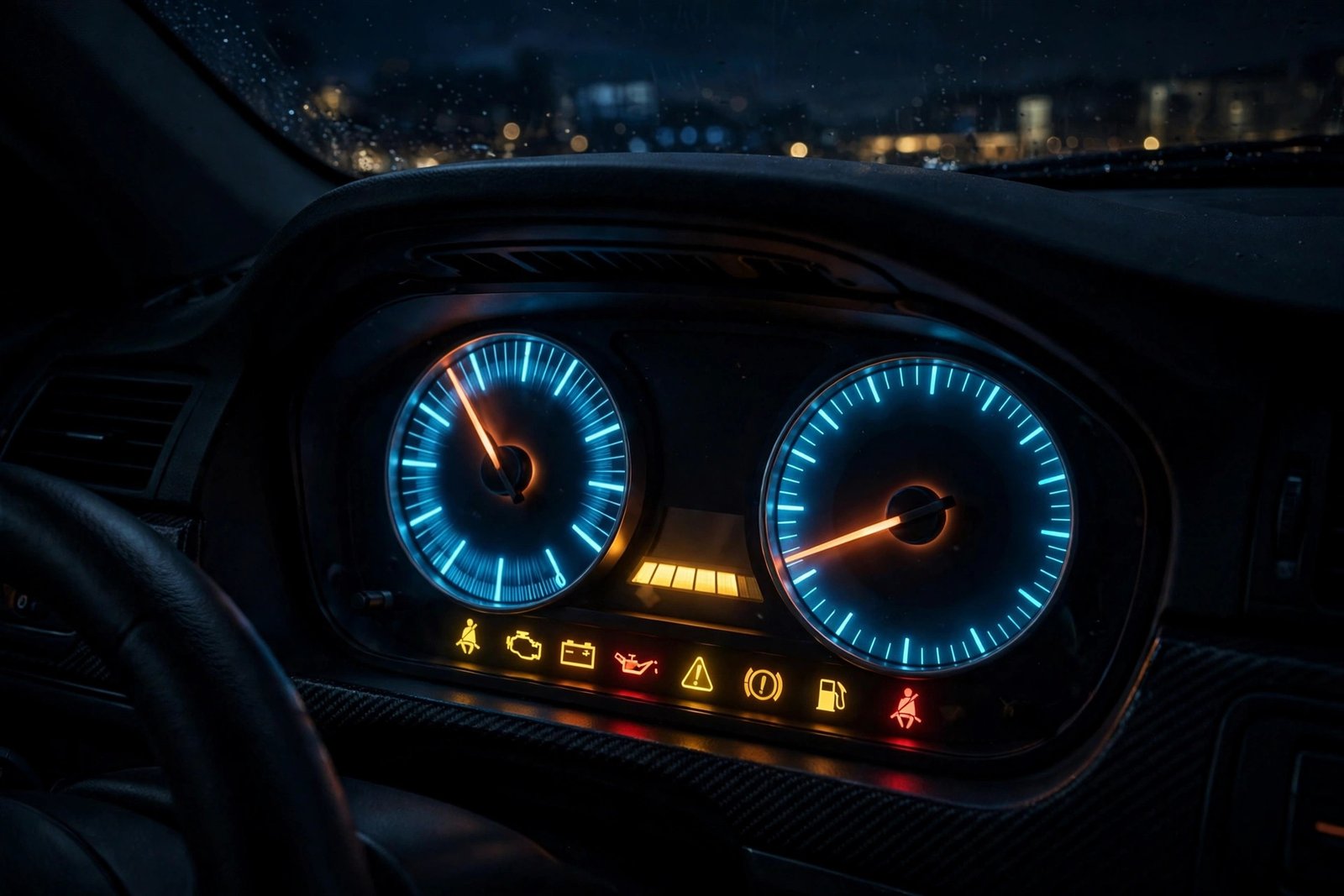 Car dashboard glowing at night with instrument lights flickering during engine start