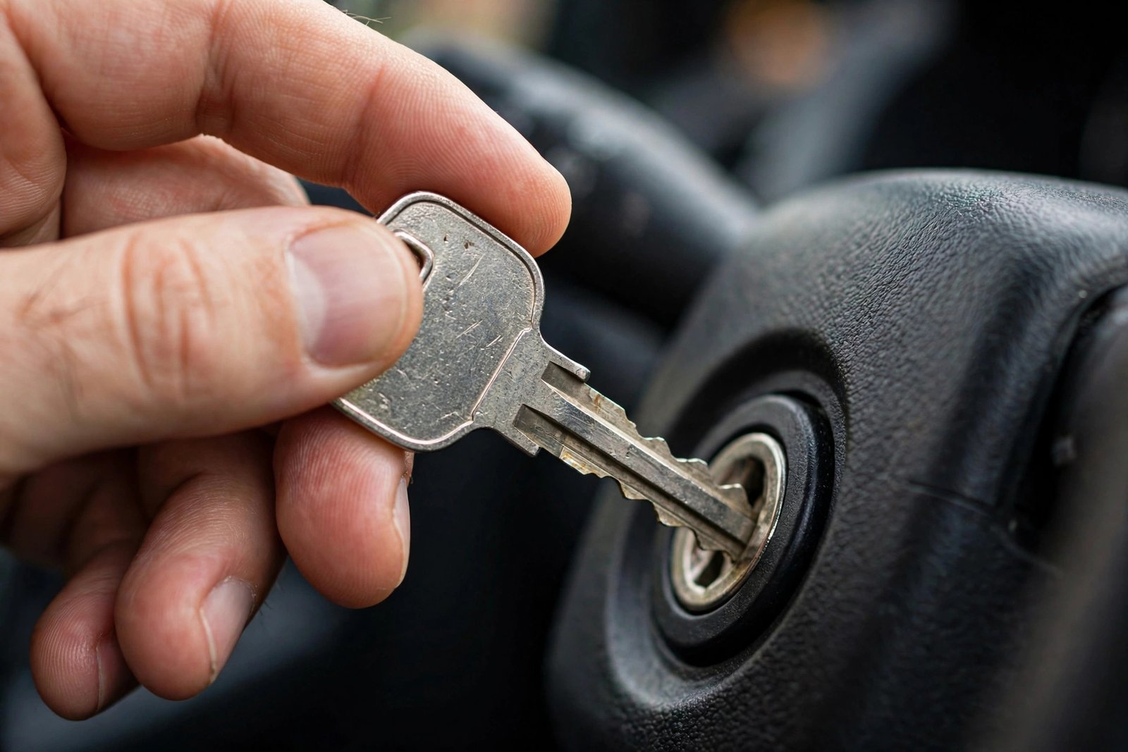 Close-up of a car key inserted in an ignition cylinder that won't turn