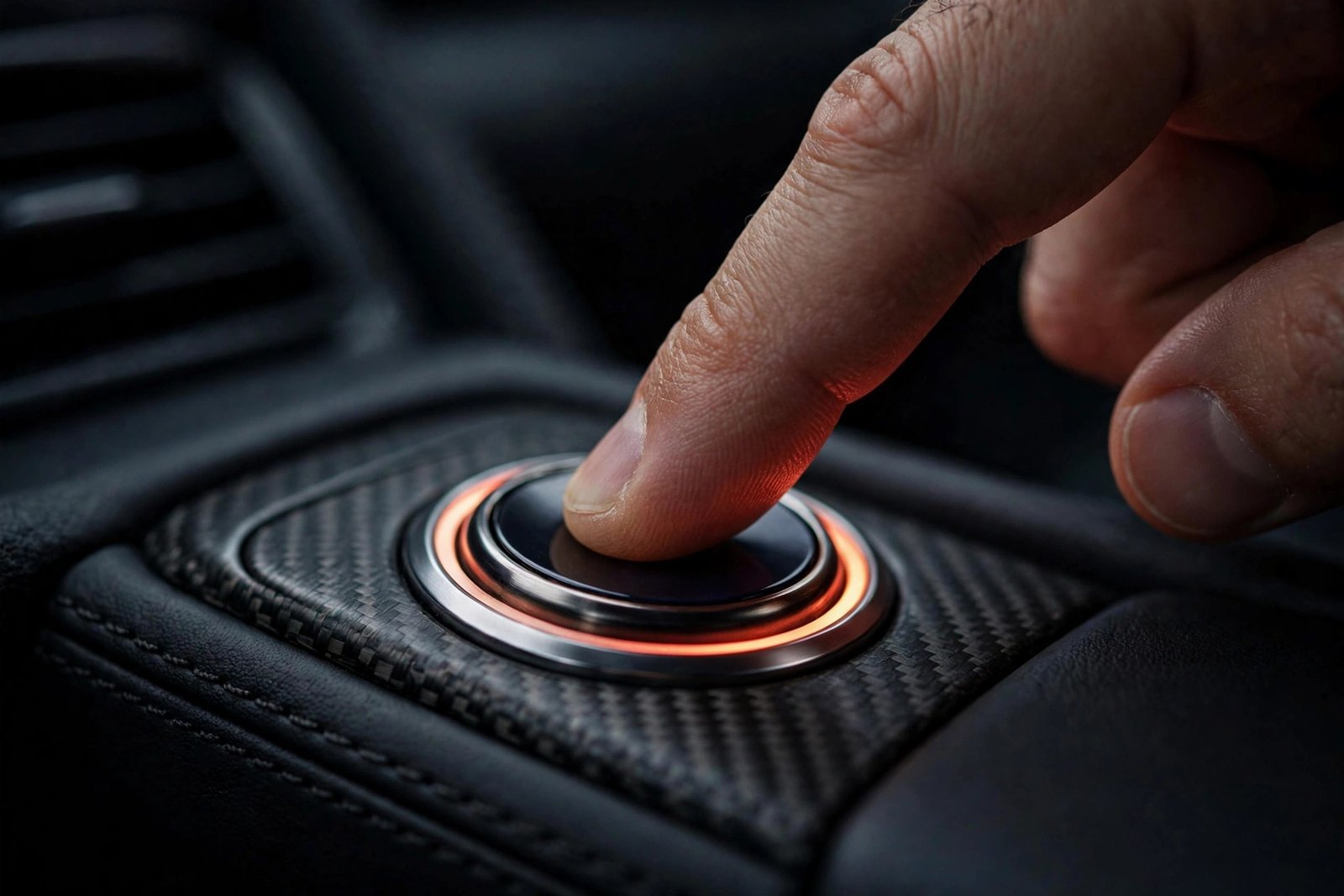 Finger pressing a push-button start ignition button inside a modern car