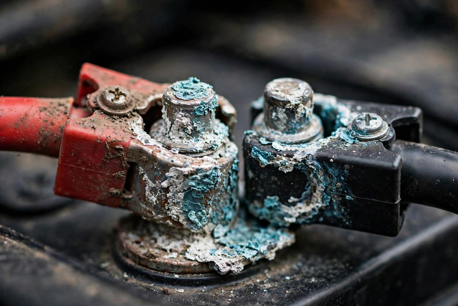 Close-up of corroded car battery terminals covered in white and blue-green crusty buildup