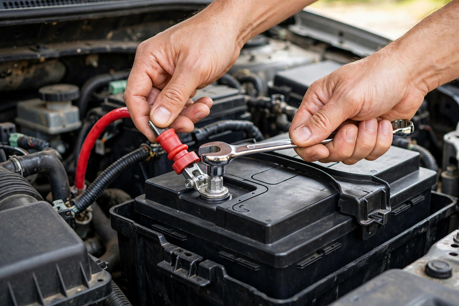 Hands installing a brand new car battery and connecting the terminal cables