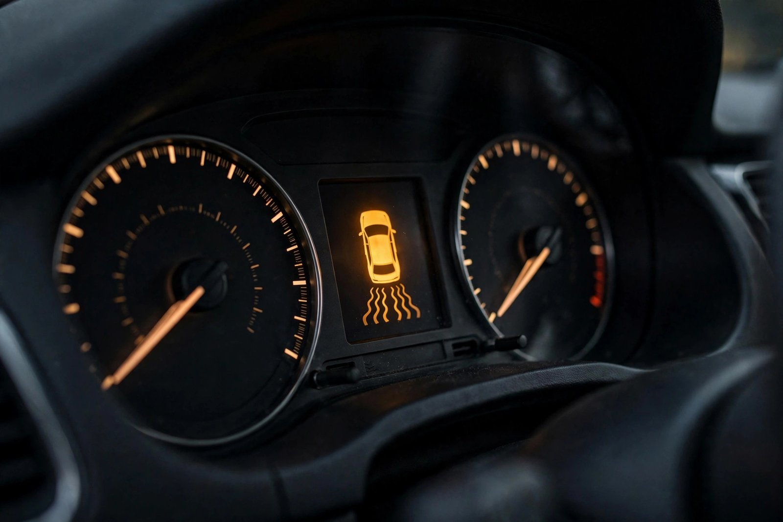 Car dashboard with traction control warning light illuminated