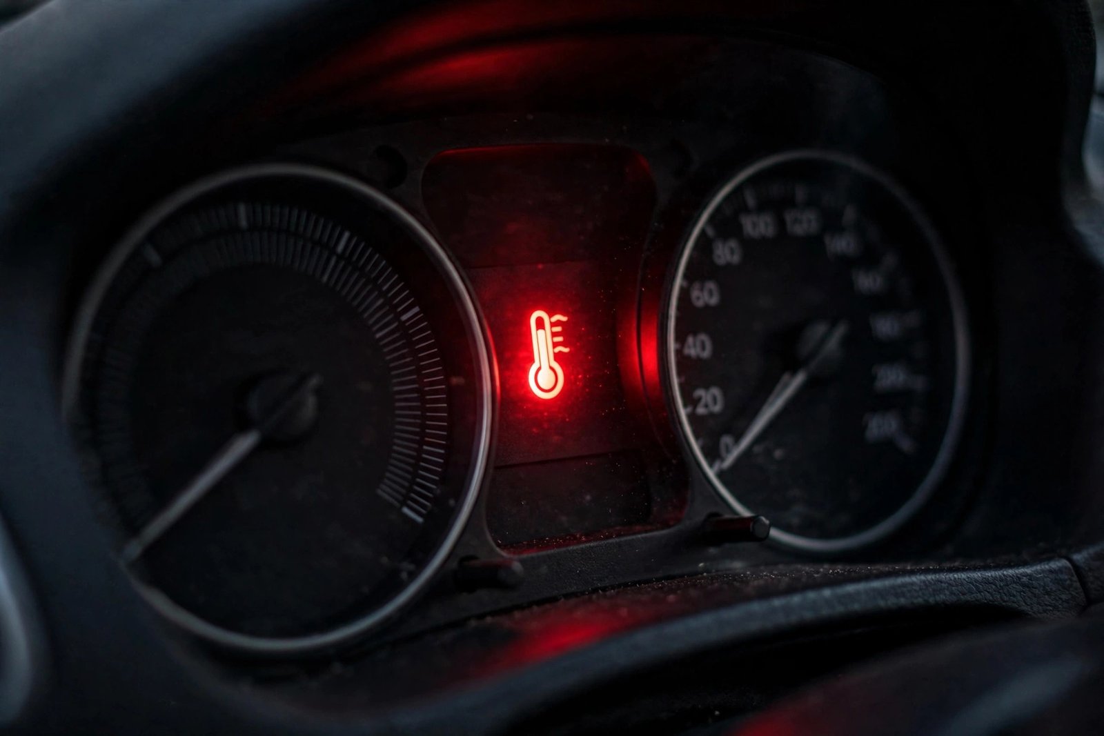 Red coolant temperature warning light on a car dashboard