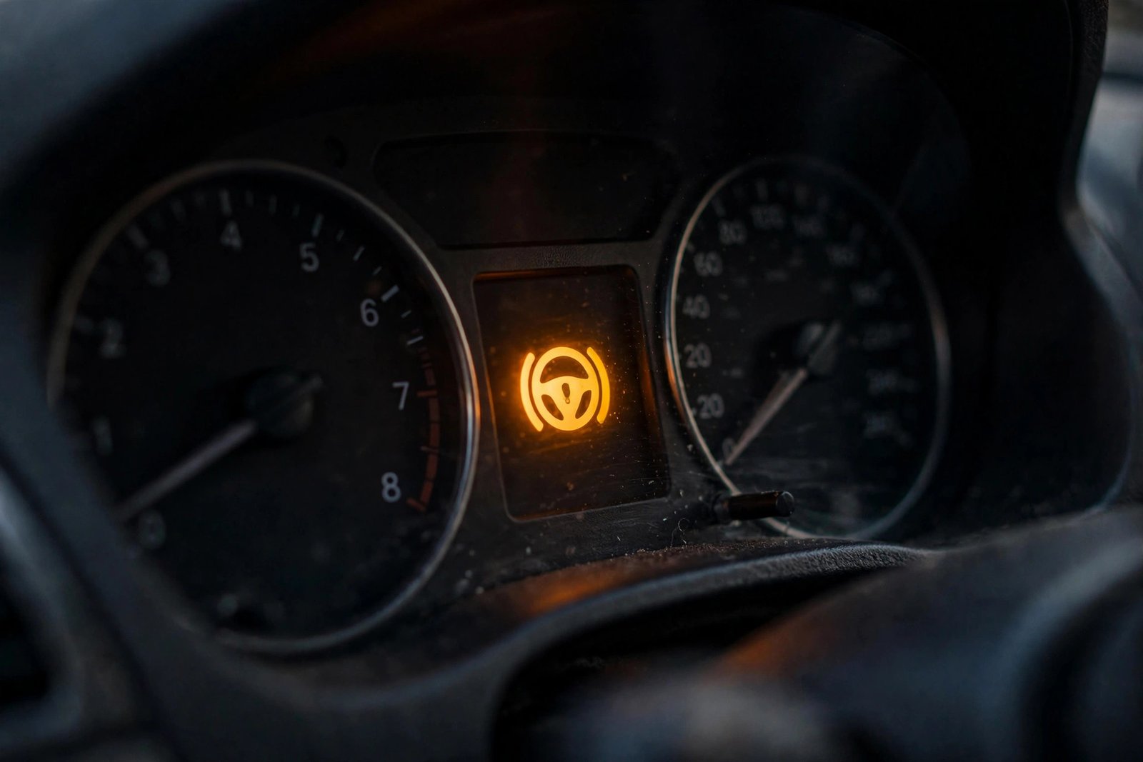 Car dashboard with power steering warning light illuminated