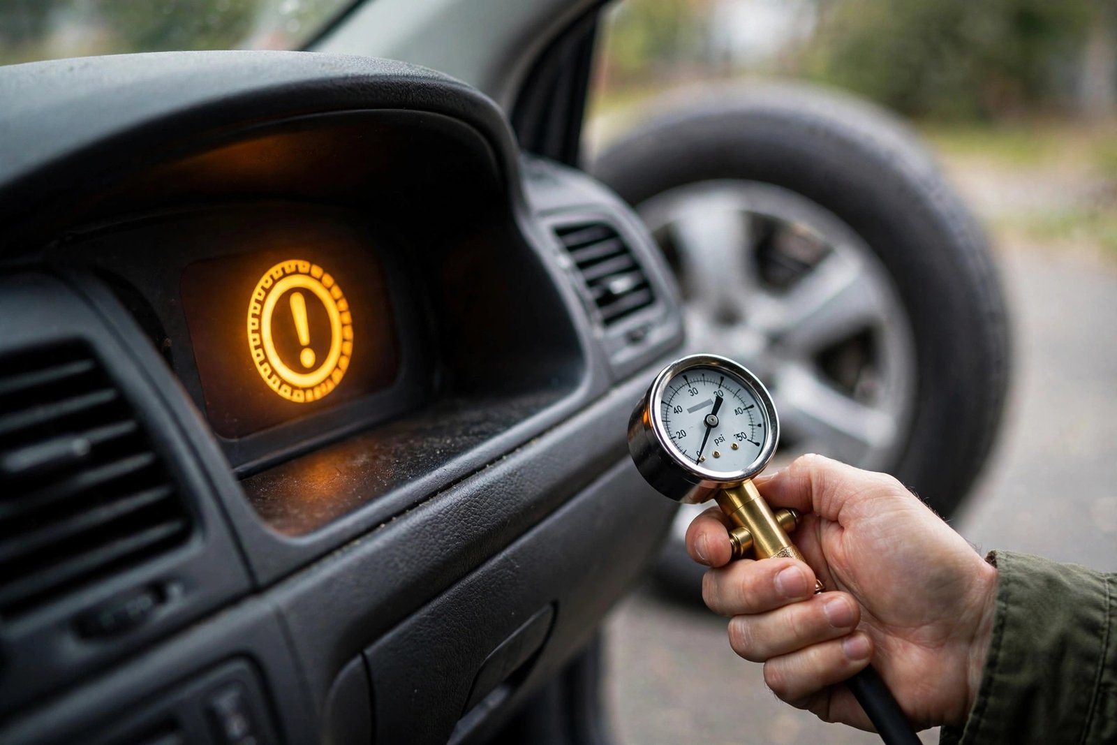 Car dashboard showing tire pressure light with TPMS reset button nearby