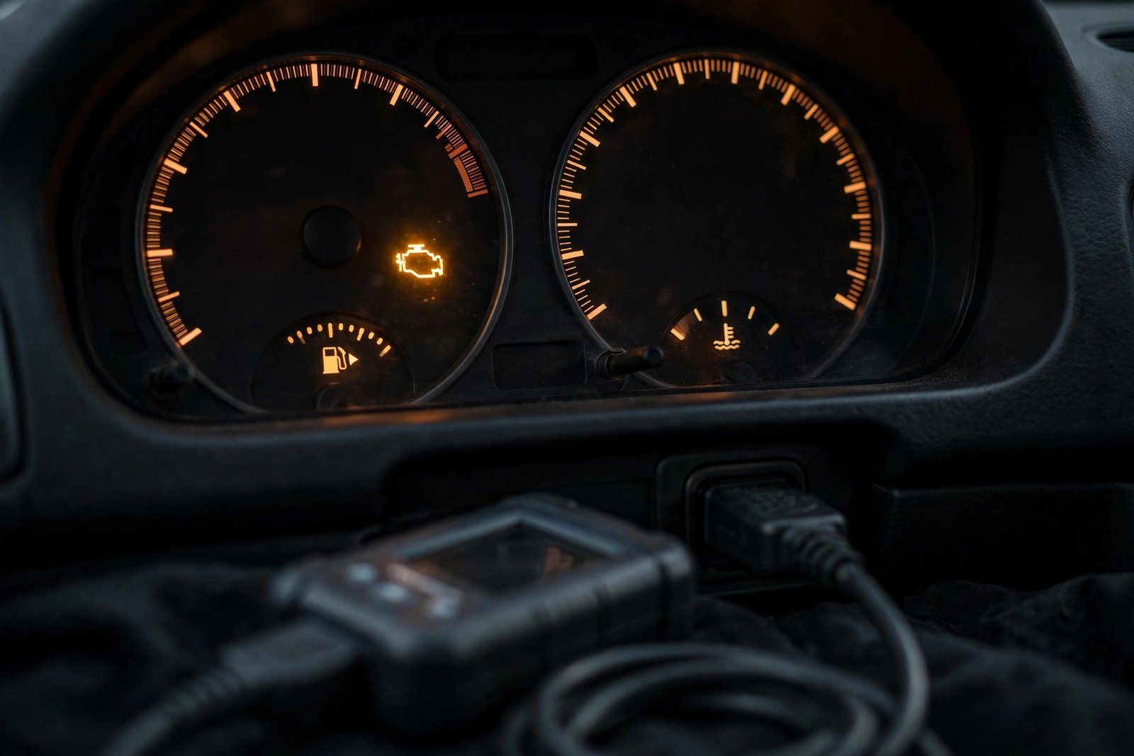 Car dashboard with check engine light glowing and OBD2 scanner below