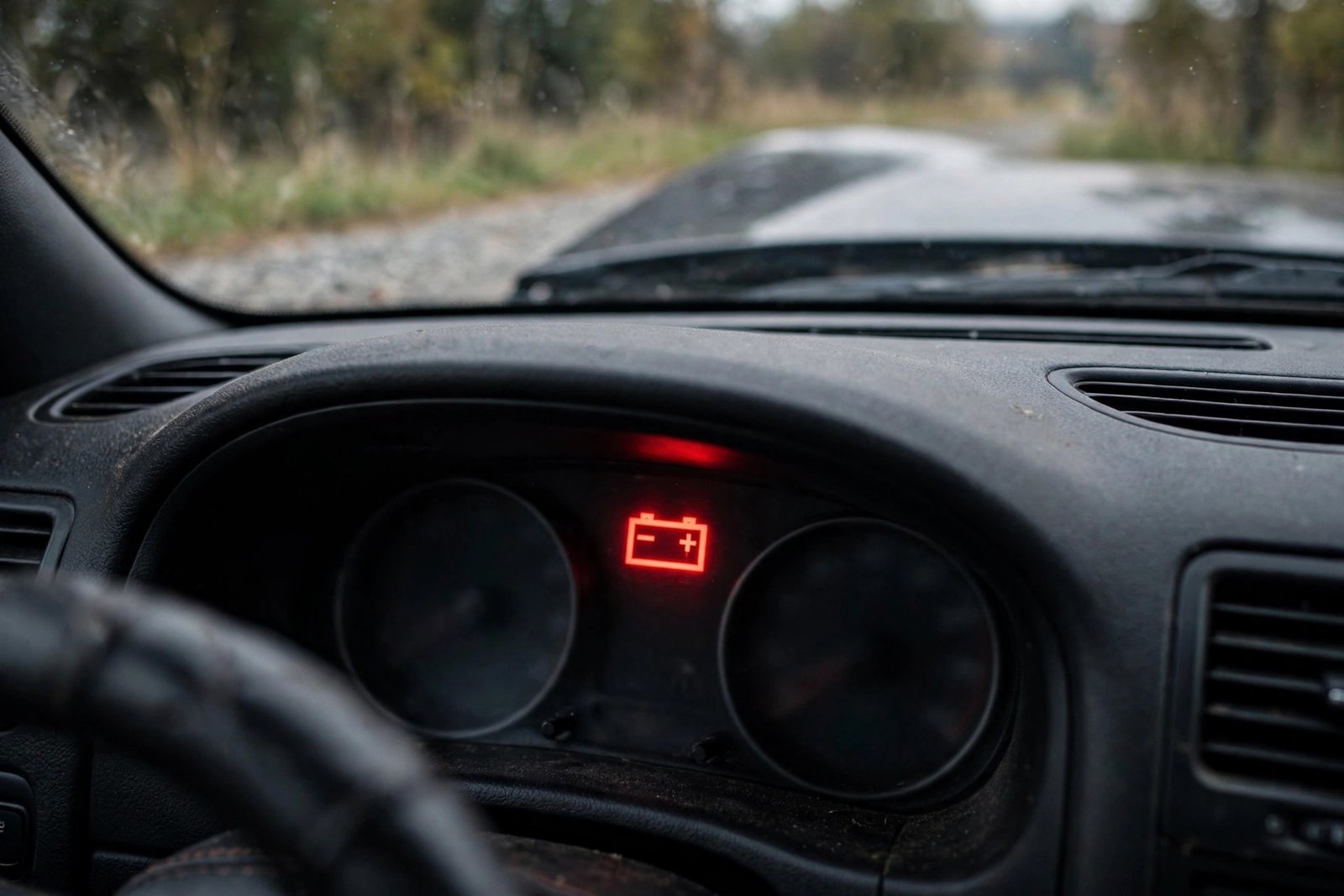 Red battery warning light on dashboard with car stalled roadside