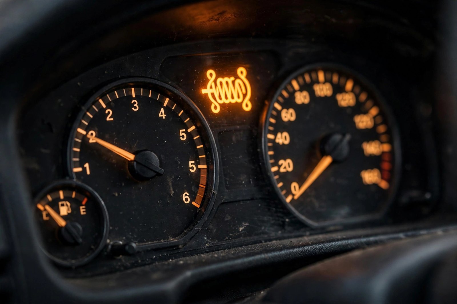 Diesel dashboard with glow plug coil warning light illuminated