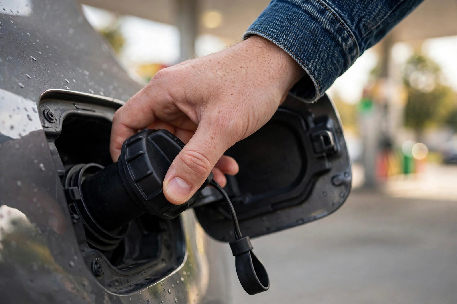 Hand tightening a gas cap at a fuel filler