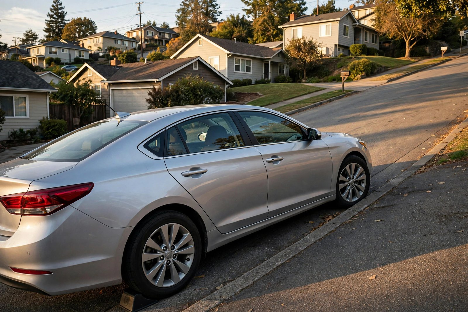 Car parked on a hill with wheels turned toward the curb, parking brake engaged